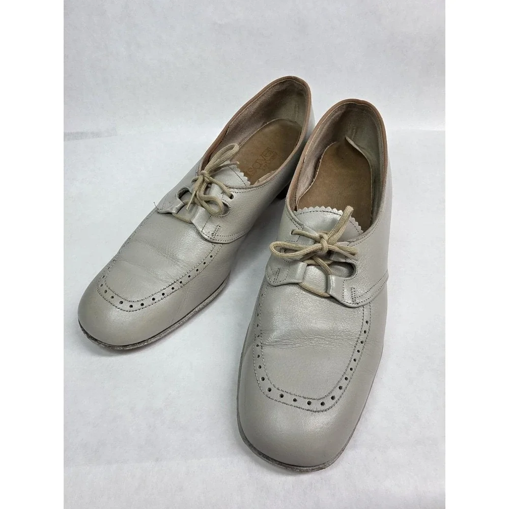 Womens Taupe Leather Oxford Pumps Footsaver‎ Shoes Lace Up Heels 8.5, 1960s READ